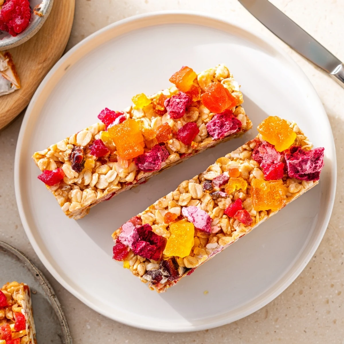 Colorful DIY snack bars with chewy homemade gummies and crunchy freeze-dried treats.  