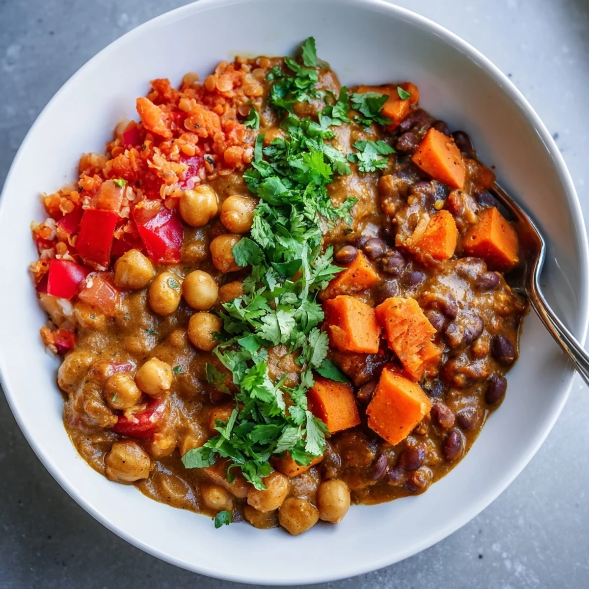 Aromatic Indian Chickpea Curry simmering in a skillet, garnished with fresh cilantro.  