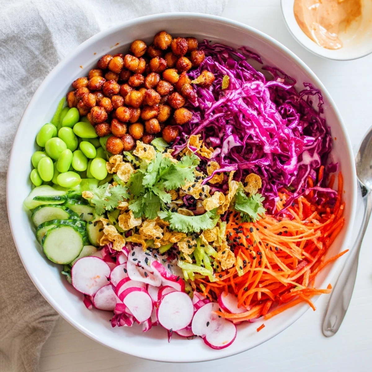 Colorful ASMR Crunch Snack Bowls filled with vibrant veggies and crispy toppings.  