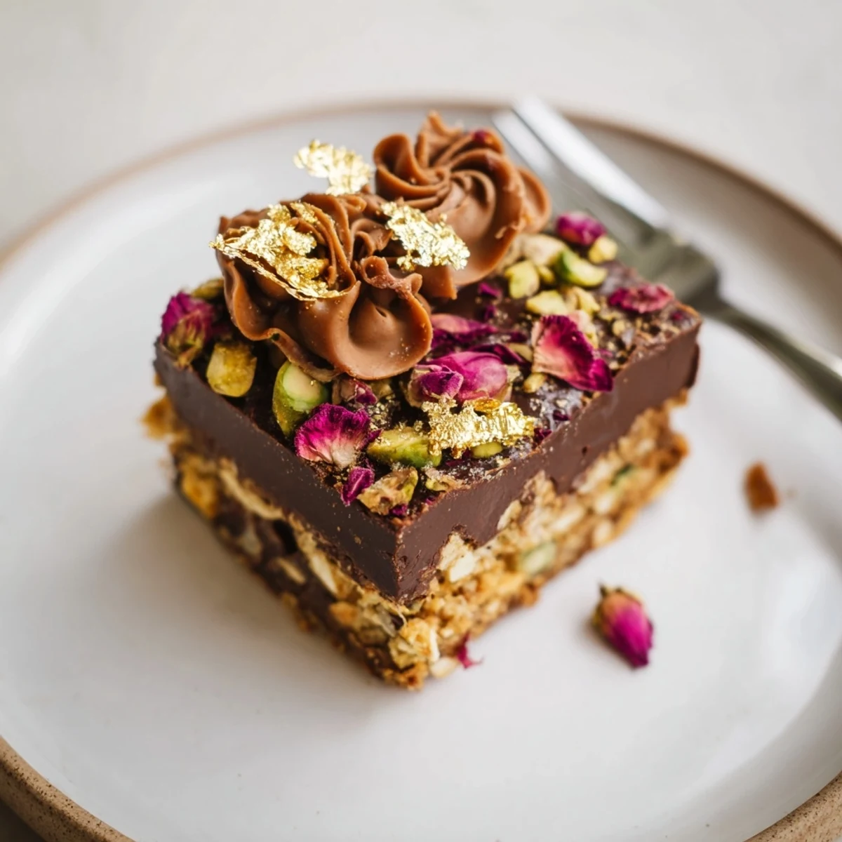 Decadent chocolate bar inspired creations topped with vibrant pistachios and rose petals.