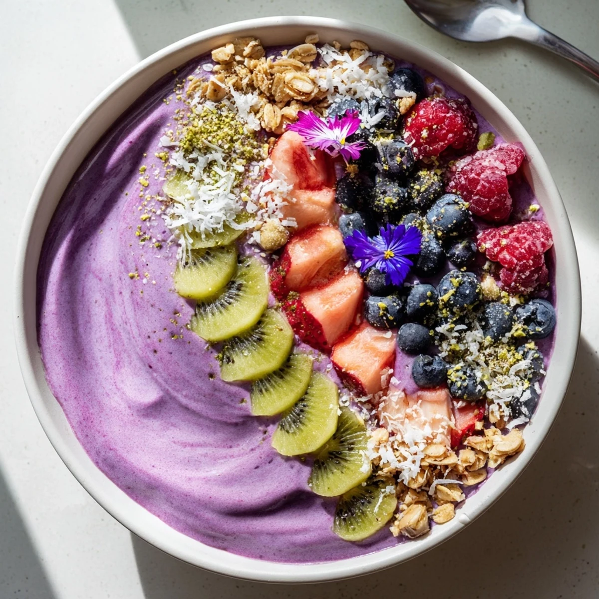 Colorful smoothie bowls with purple yam and pistachios, topped with fresh berries.  