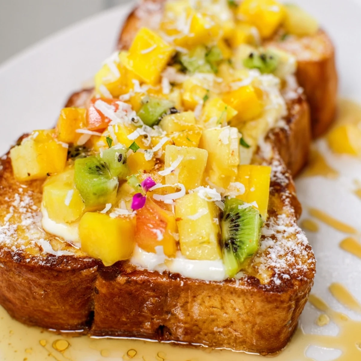 Creamy yogurt-custard toast topped with tropical fruits, perfect for brunch delight.  