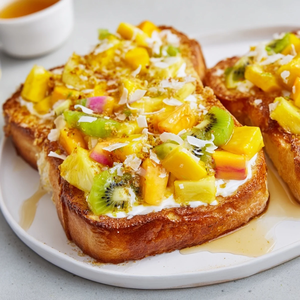 Vibrant yogurt-custard toast bursting with kiwi and mango, ideal for breakfast indulgence.  