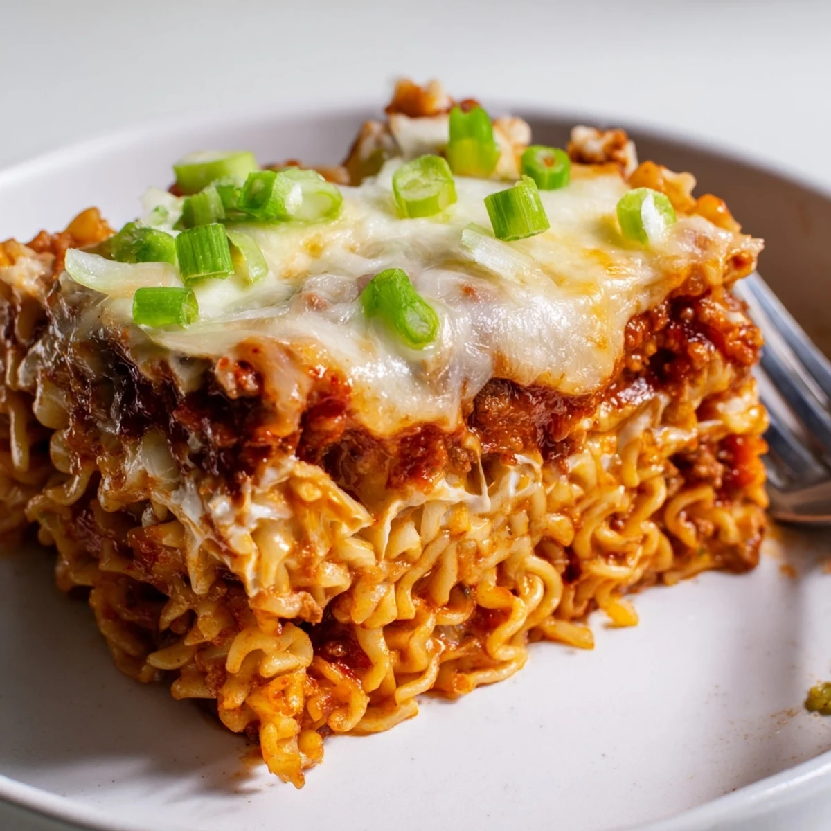 Delicious Spicy Ramen Lasagna layered with tangy tomato sauce and creamy cheeses.  