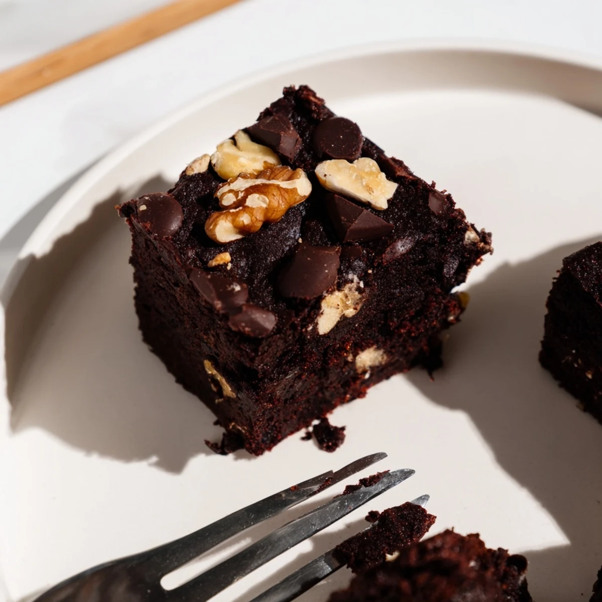 Decadent Zero-Waste Brownies using nut-milk pulp topped with dark chocolate chips.  
