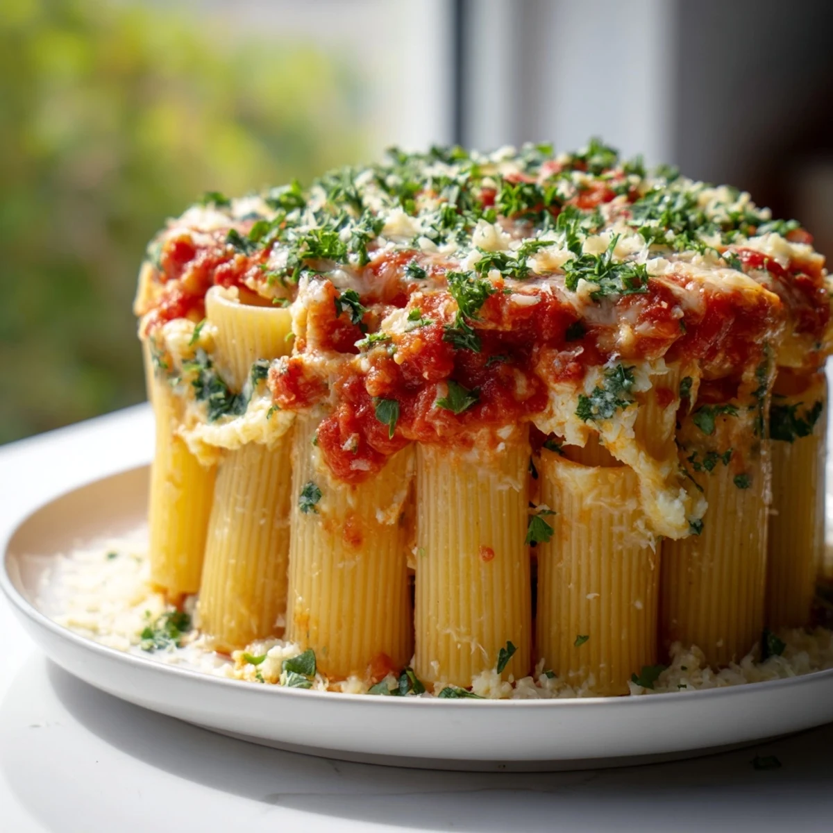 Delicious Honeycomb Pasta Cake, filled with creamy ricotta and savory tomato sauce.  