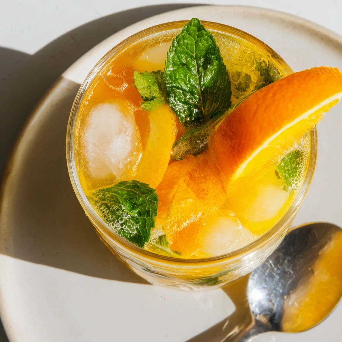 Refreshing probiotic soda mocktail garnished with mint and orange slices.  
