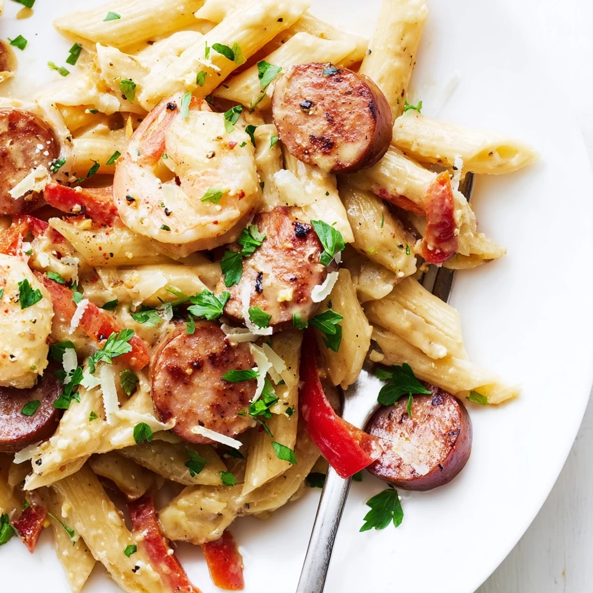 Sizzling Cajun Sausage & Shrimp Alfredo Pasta Skillet bursting with flavor and spice.  