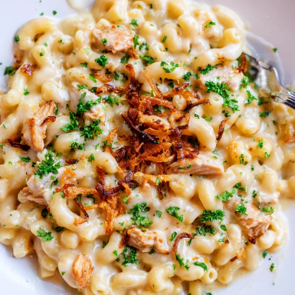 Savory One-Pot Honey BBQ Chicken Mac and Cheese with melted cheese and tender chicken.  