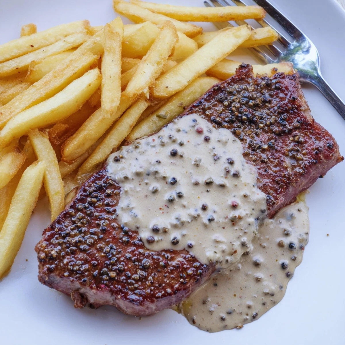 Classic Peppercorn Ribeye topped with rich sauce, served with crispy golden fries.  