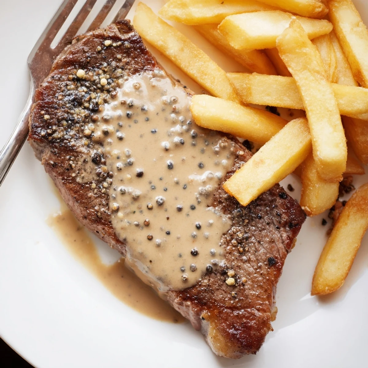 Juicy ribeye steaks coated in cracked peppercorn, paired with crunchy fries.  
