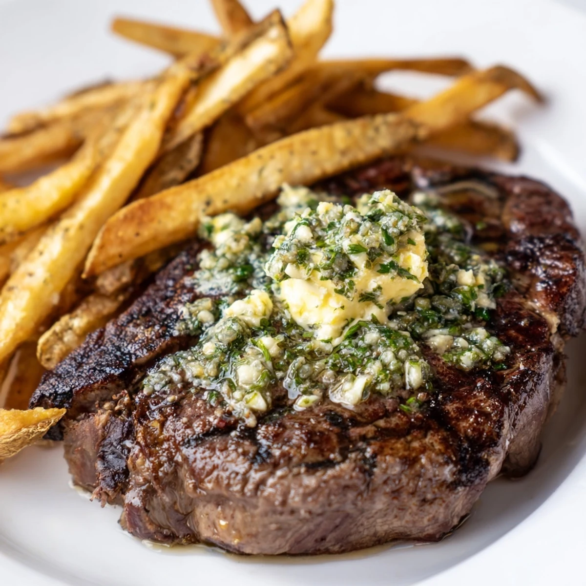 Perfectly seared Garlic Butter Steak with crispy fries, a steakhouse delight.