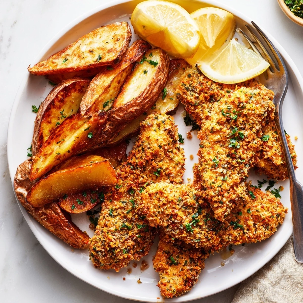 Juicy herbed chicken tenders paired with crispy potato wedges on a platter.