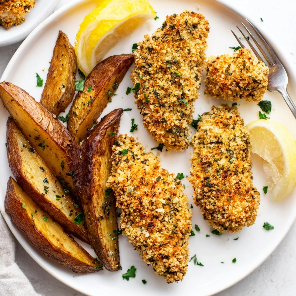 Golden potato wedges and flavorful chicken tenders ready for a delicious family meal.