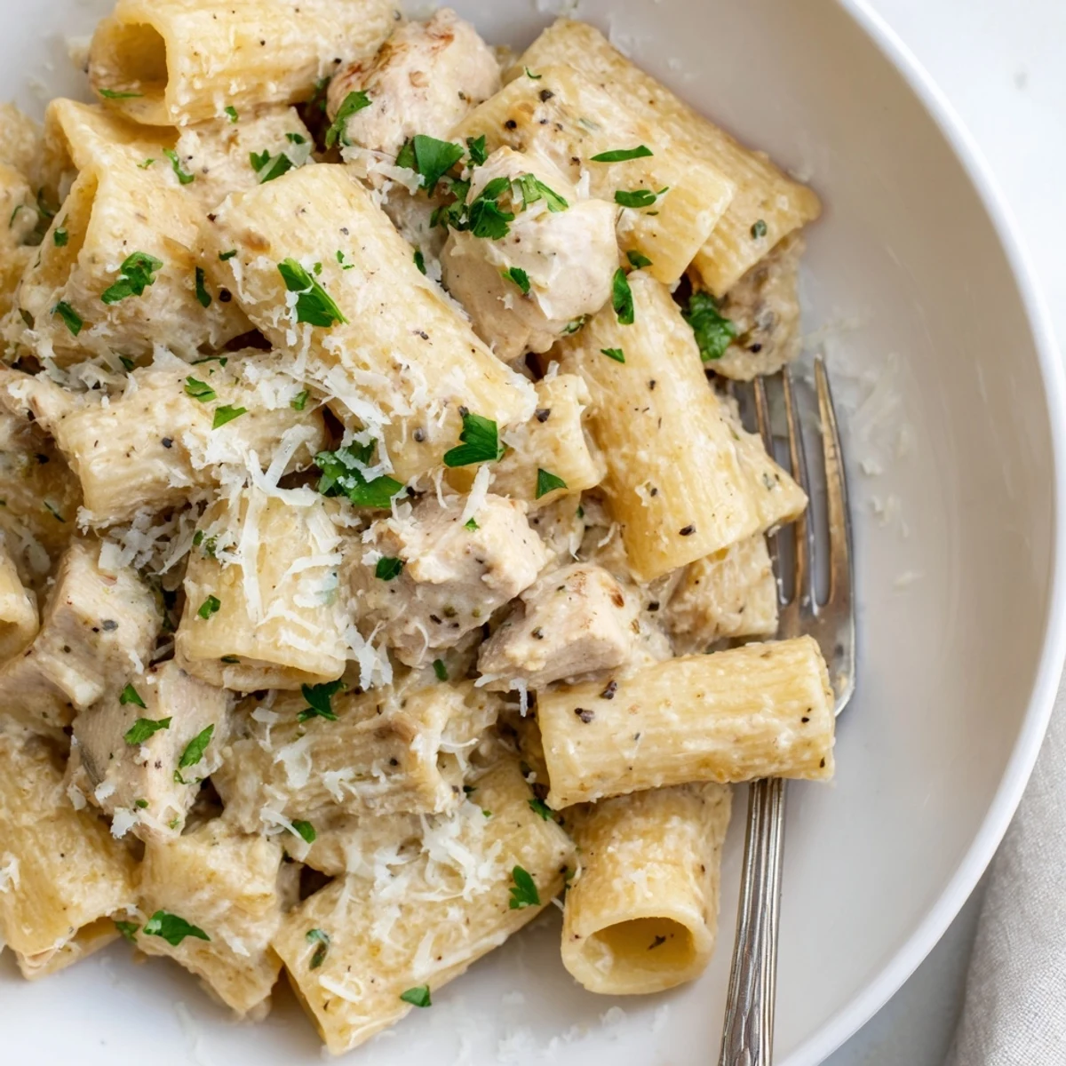 Indulgent Creamy Garlic Parmesan Chicken Rigatoni topped with fresh herbs and extra cheese.
