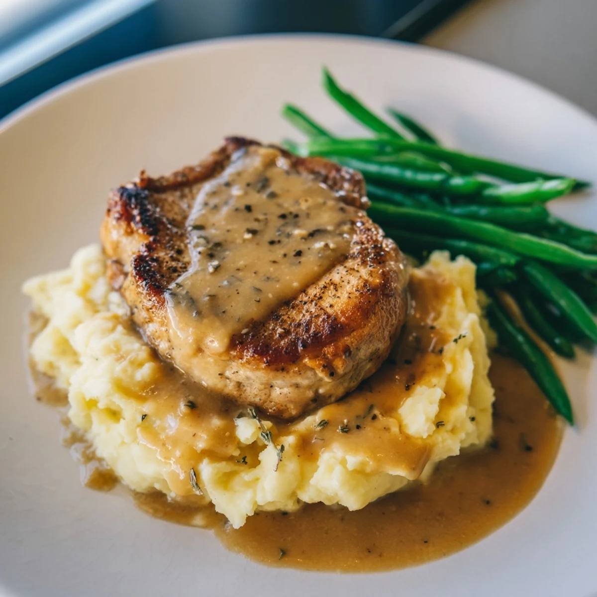 This photo shows a comforting pork chops & cheddar mash bowl with creamy potatoes and flavorful gravy.