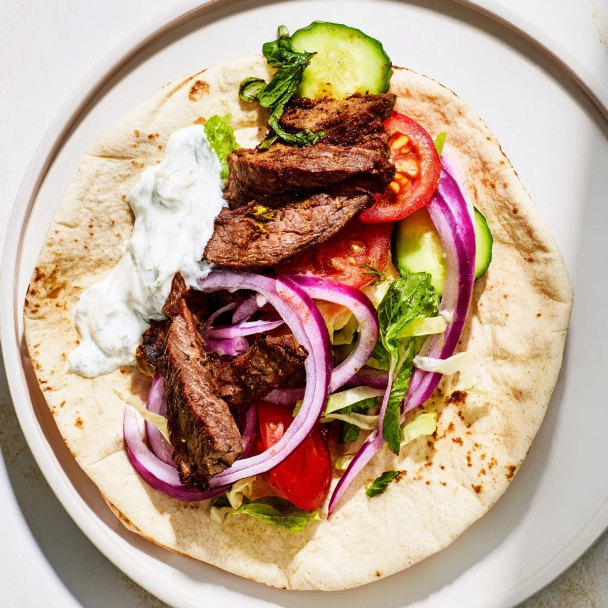 Beef Shawarma Wraps, filled with tender spiced beef and creamy yogurt sauce, ready to eat.