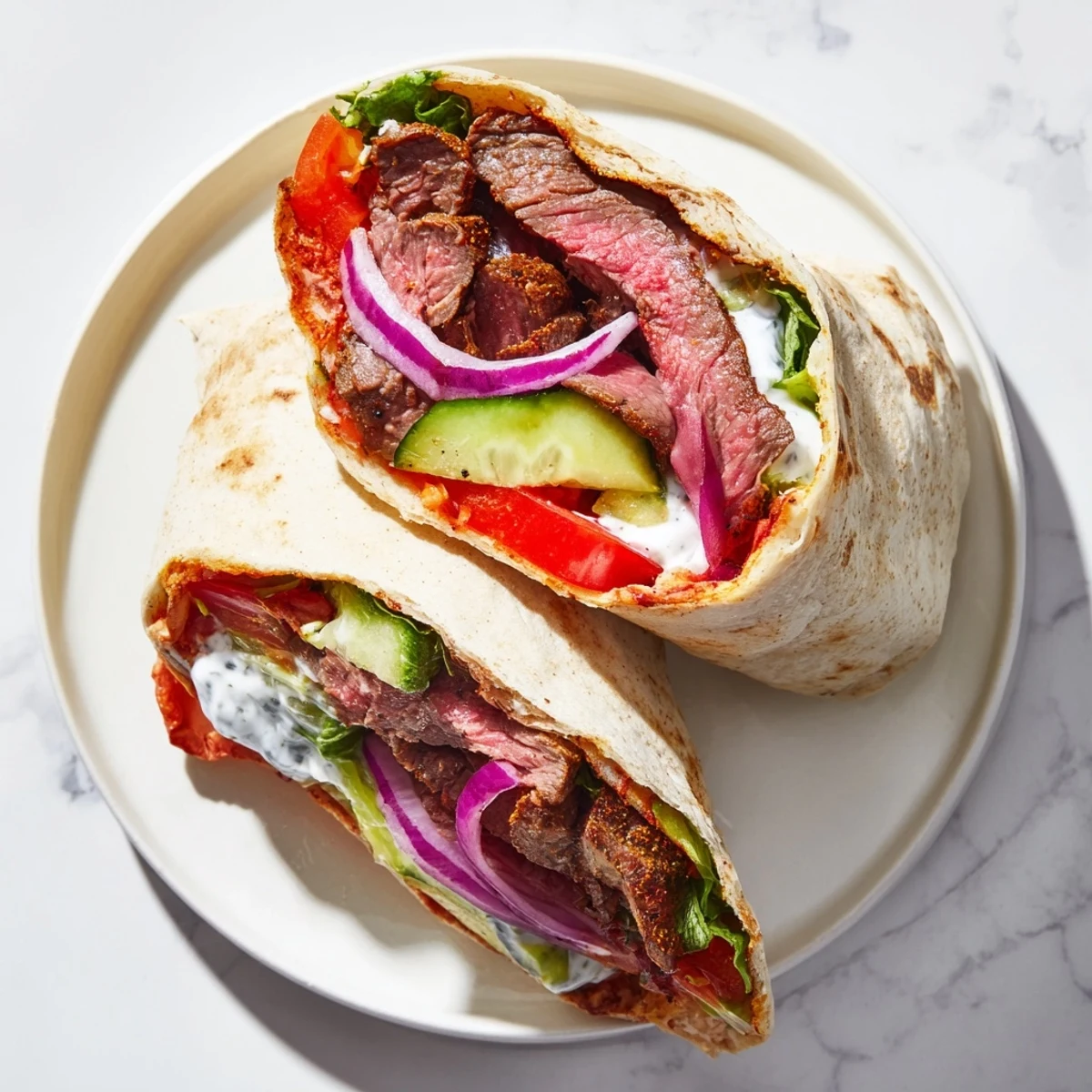 A close-up of delicious Beef Shawarma Wraps, enticing with juicy beef and vibrant veggie fillings.