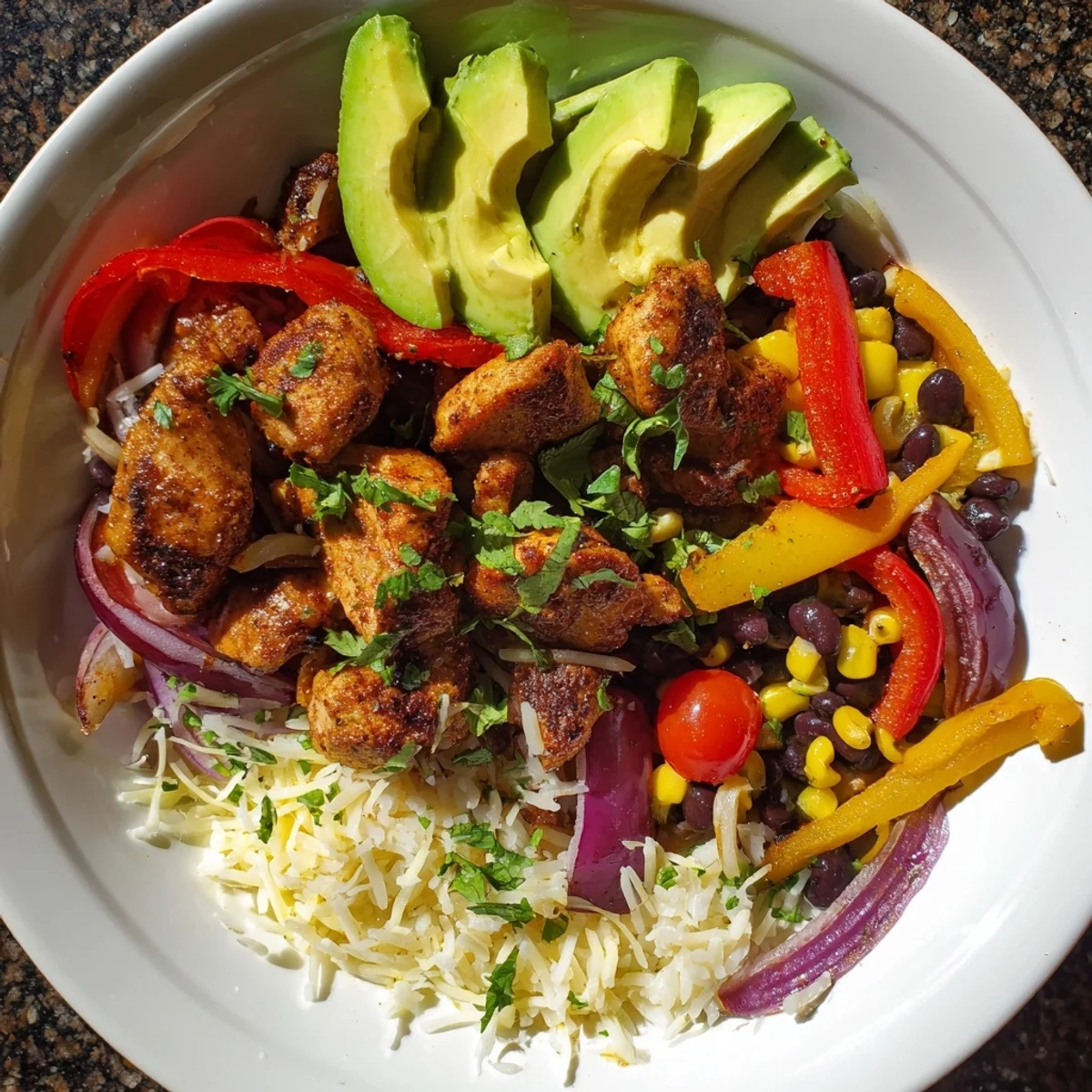 Sheet Pan Chicken Burrito Bowls, vibrant with roasted vegetables and chicken, ready to enjoy with your favorite toppings.