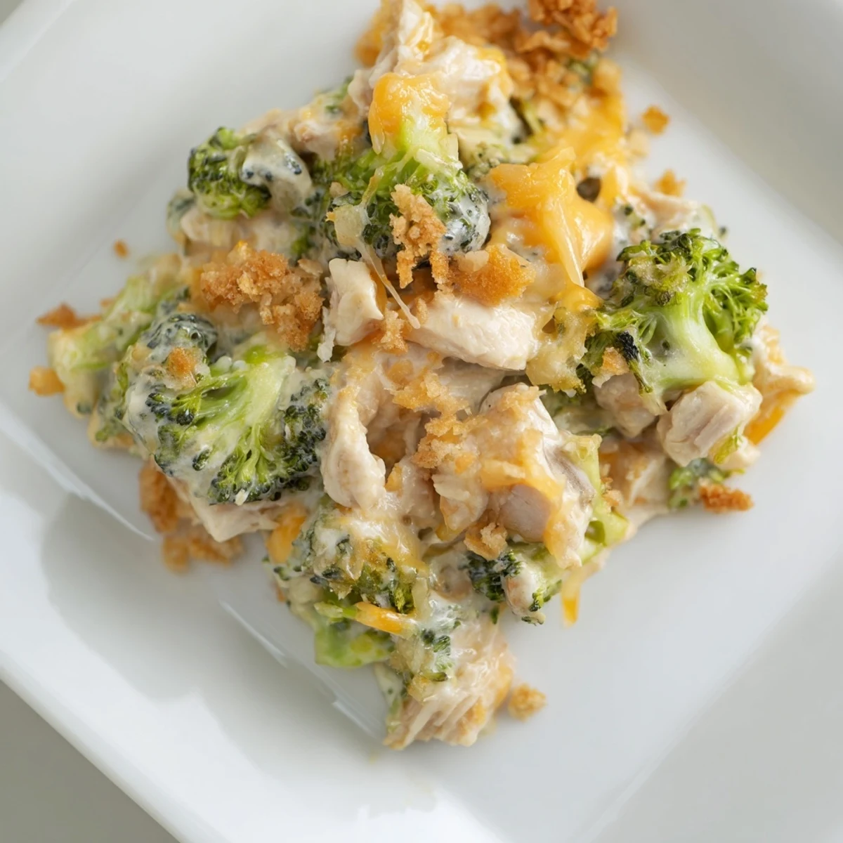 Creamy Chicken & Broccoli Cheddar Bake, baked until golden brown with bubbling cheese and savory aromas.