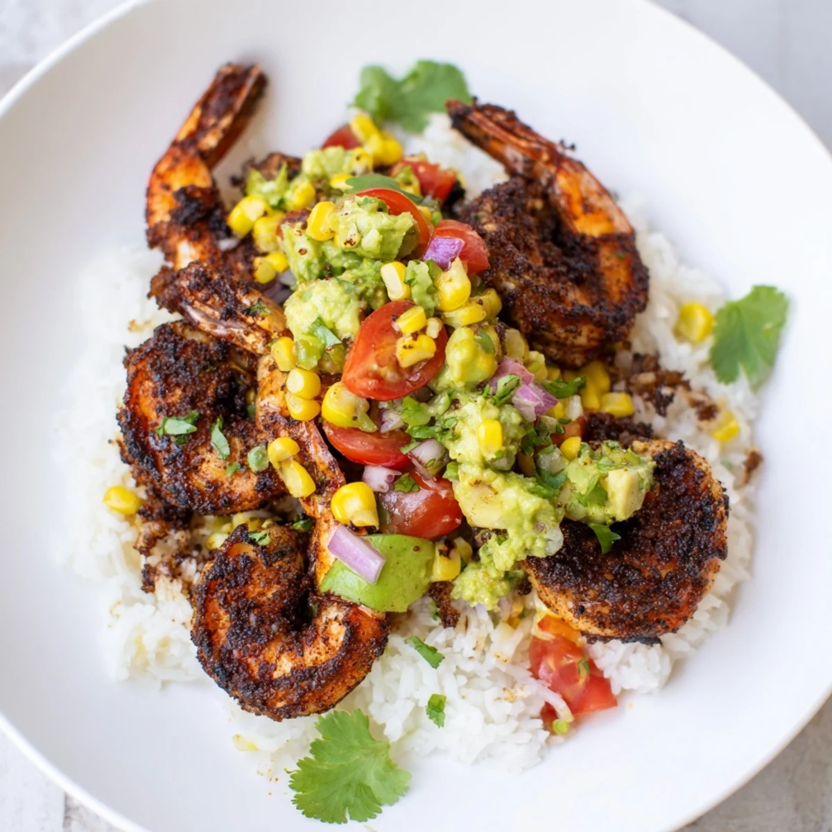 Perfectly blackened shrimp bowl with vibrant avocado salsa and fluffy rice, ready to eat.