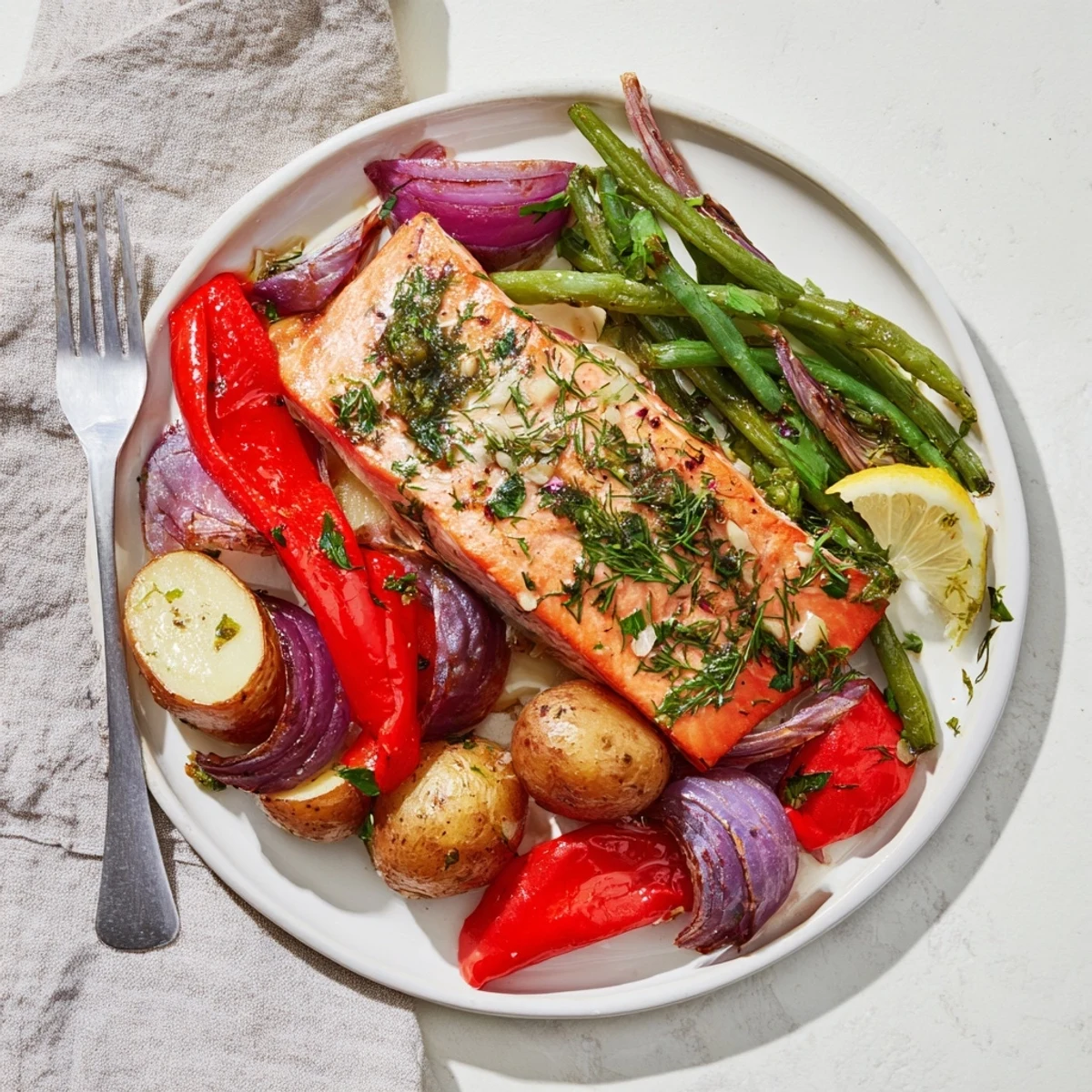 Close-up of a colorful Lemon Herb Salmon & Potato Sheet Pan, garnished with lemon wedges and fresh herbs.