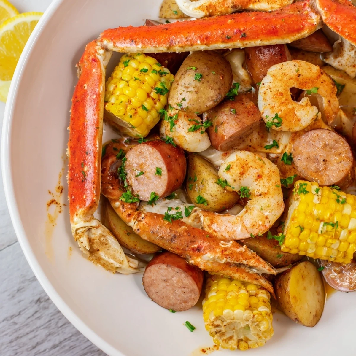 Steaming Seafood Boil with crab, shrimp, sausage, and corn ready to serve, dripping with butter.
