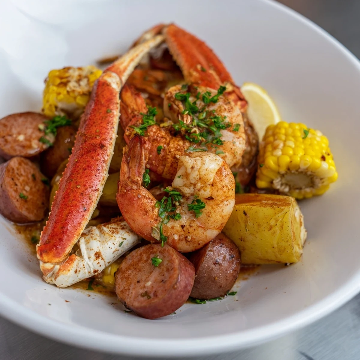 A huge platter of Southern Seafood Boil: succulent crab legs, perfectly cooked shrimp, and seasoned sausage.
