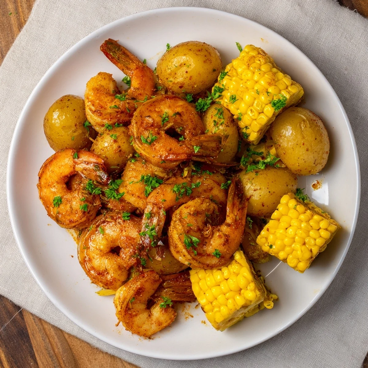 Cajun Shrimp & Sweet Corn Platter: a sizzling, colorful image showcasing shrimp, corn, and roasted vegetables.