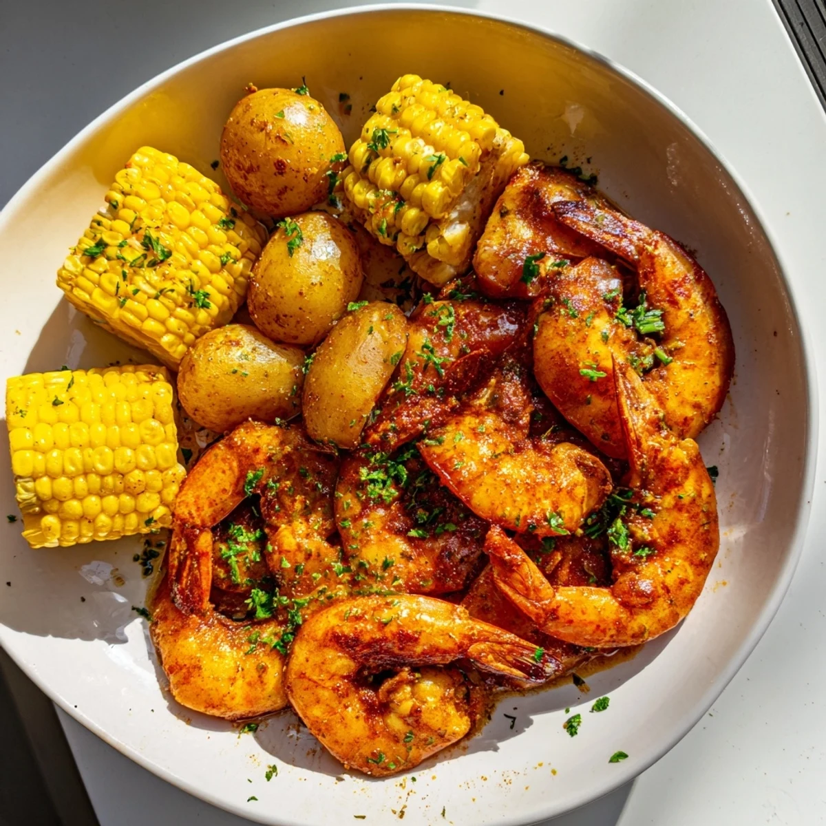 Freshly made Cajun Shrimp recipe, the sweet corn on the cob is beautifully roasted alongside.