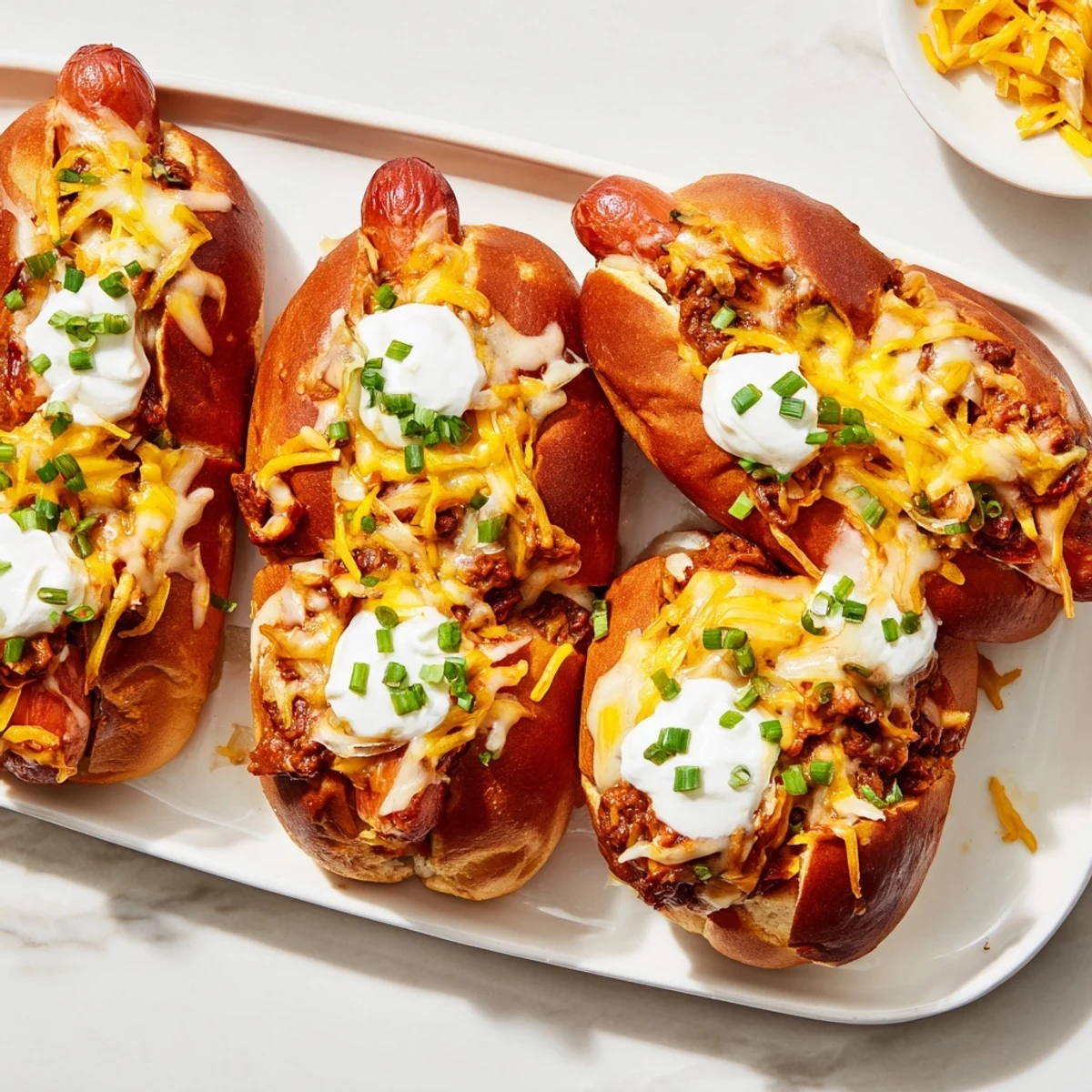 A bubbly, cheesy Chili Dog Casserole, a comforting baked dish ready to serve and enjoy.