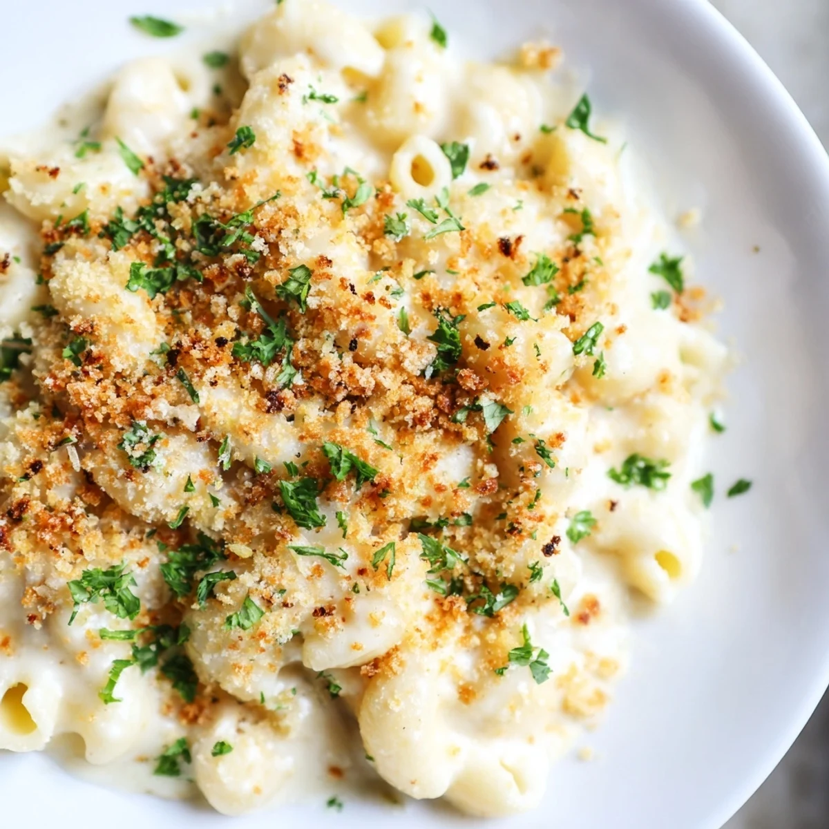 A close-up of steaming Truffle Macaroni & Cheese, infused with truffle oil and three cheeses.