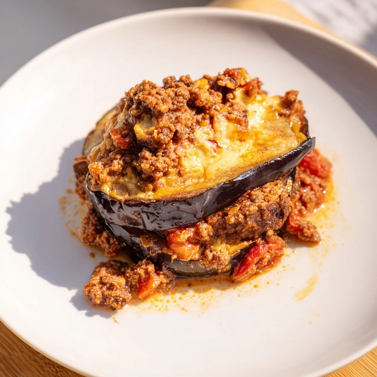 Golden-brown moussaka with layers of eggplant, rich beef, and creamy béchamel, fresh from the oven.