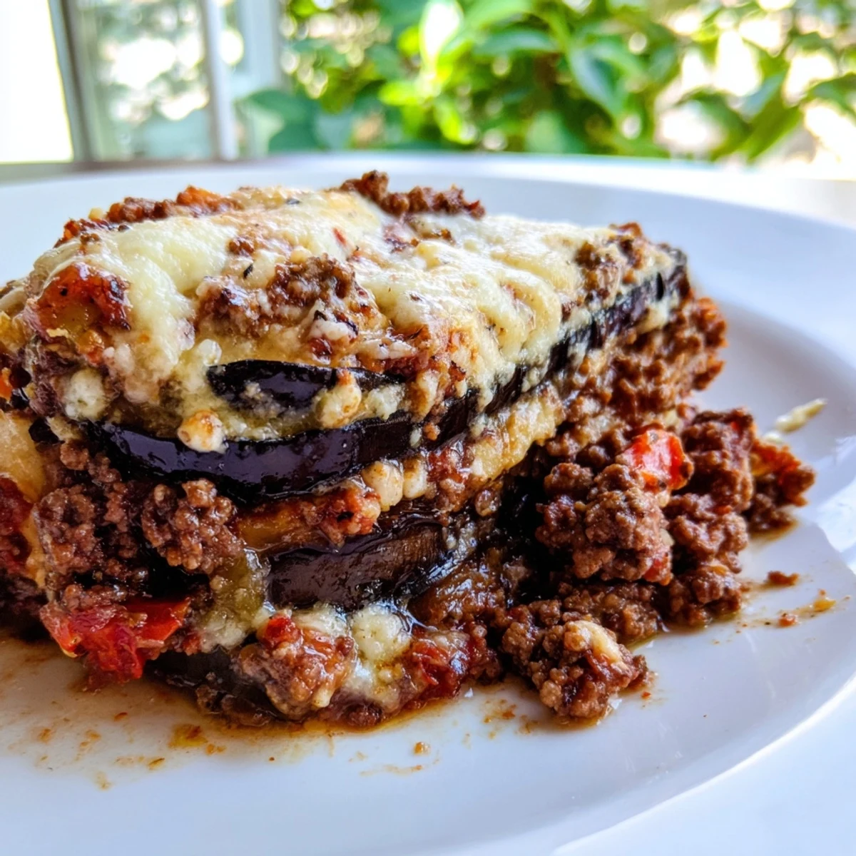 A close-up shot of a steaming Moussaka, showcasing the tender eggplant and spiced beef filling.
