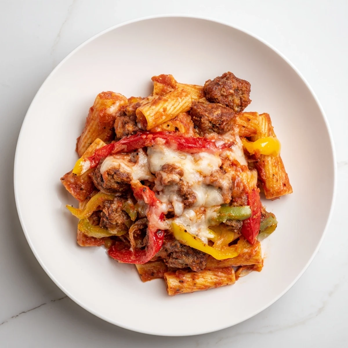 Baked Rigatoni with Sausage & Peppers, bubbling hot, a generous casserole covered in melted, bubbly cheese.