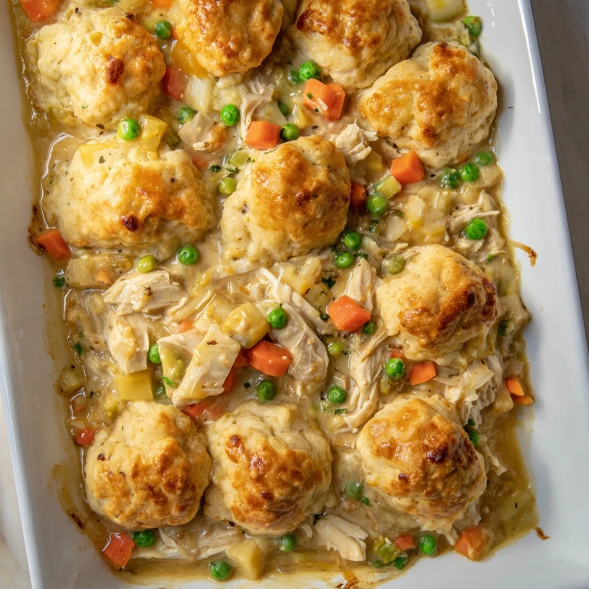 Warm, golden Chicken and Dumplings Casserole bubbling in the casserole dish, ready to be served.