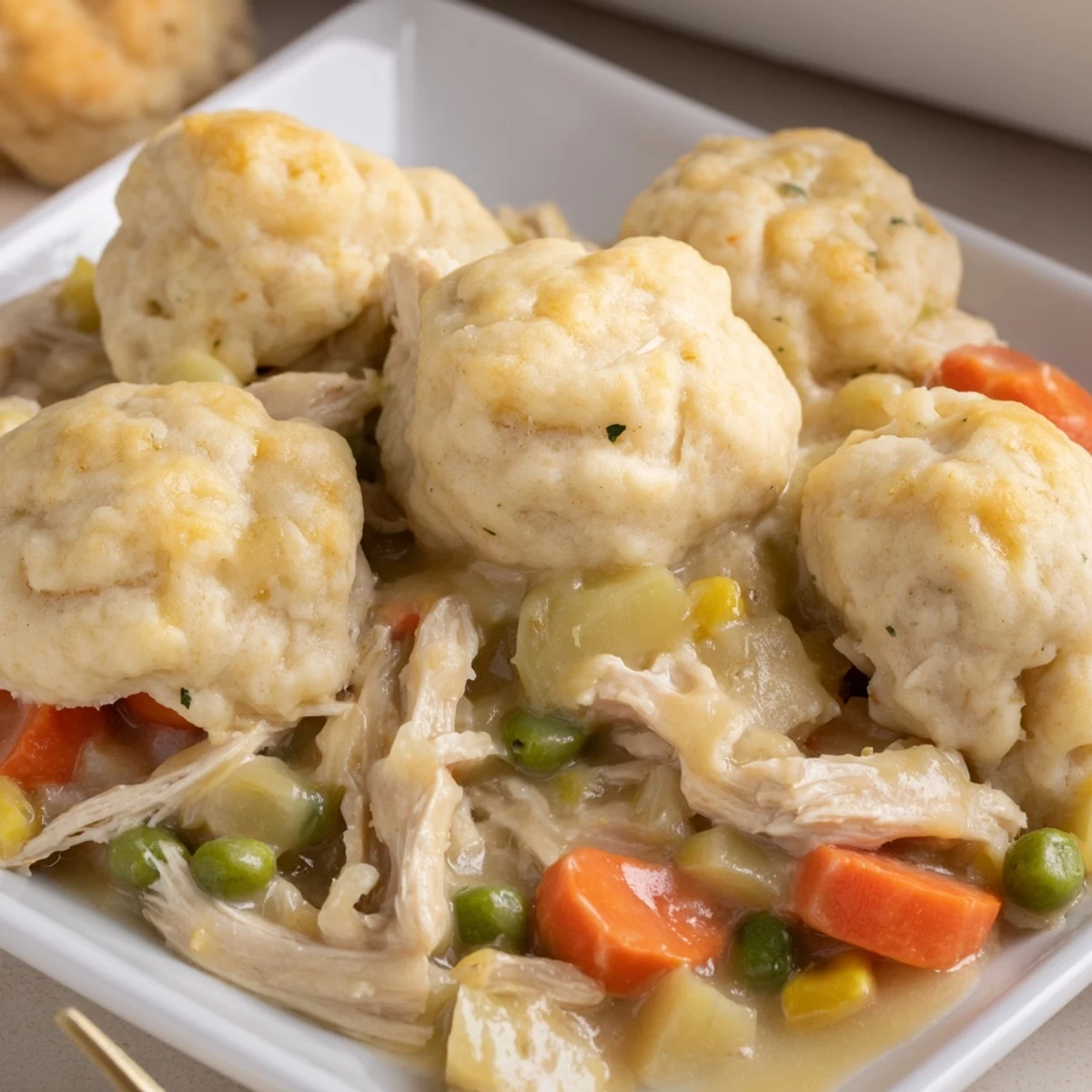 Fluffy, baked dumplings topping a creamy Chicken and Dumplings Casserole, a classic American comfort food.