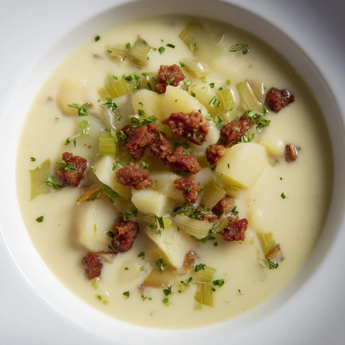 Enjoy a spoonful of creamy Potato, Leek & Chorizo Soup, perfect for a cozy, gluten-free dinner.