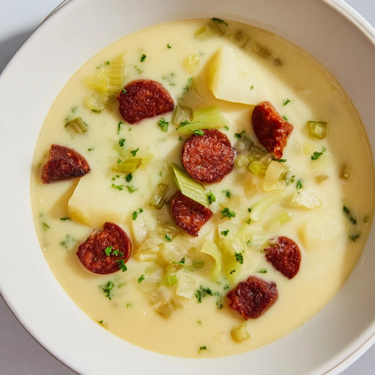 Thick Potato, Leek & Chorizo Soup, a steaming bowl with crusty bread on the side.