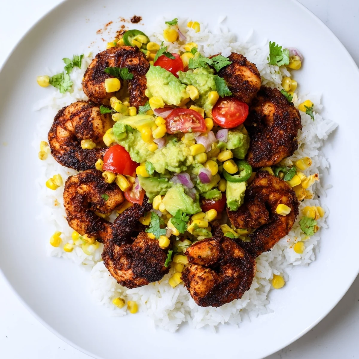 Flavorful blackened shrimp atop a fresh Southwestern-style bowl, topped with creamy avocado corn salsa.