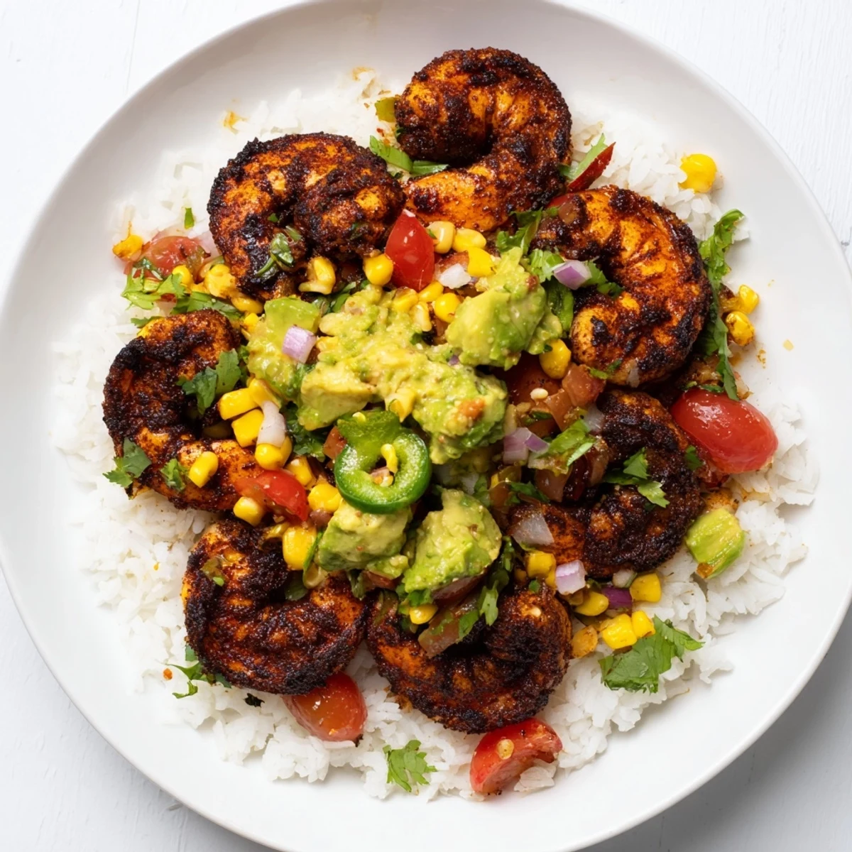 Close-up of a delicious, colorful blackened shrimp bowl, ready to enjoy with a squeeze of lime.