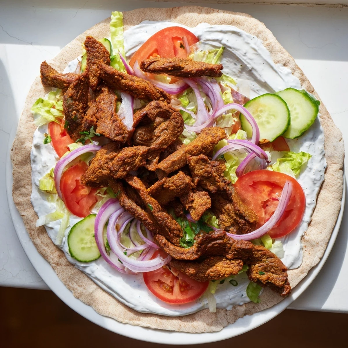 Golden-brown Beef Shawarma Wraps filled with spiced beef, fresh vegetables, and creamy yogurt sauce.