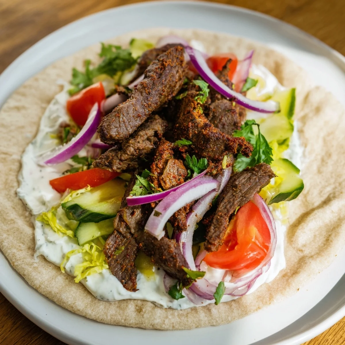 Warm, soft flatbread featuring delicious Beef Shawarma Wraps, overflowing with toppings, served fresh.