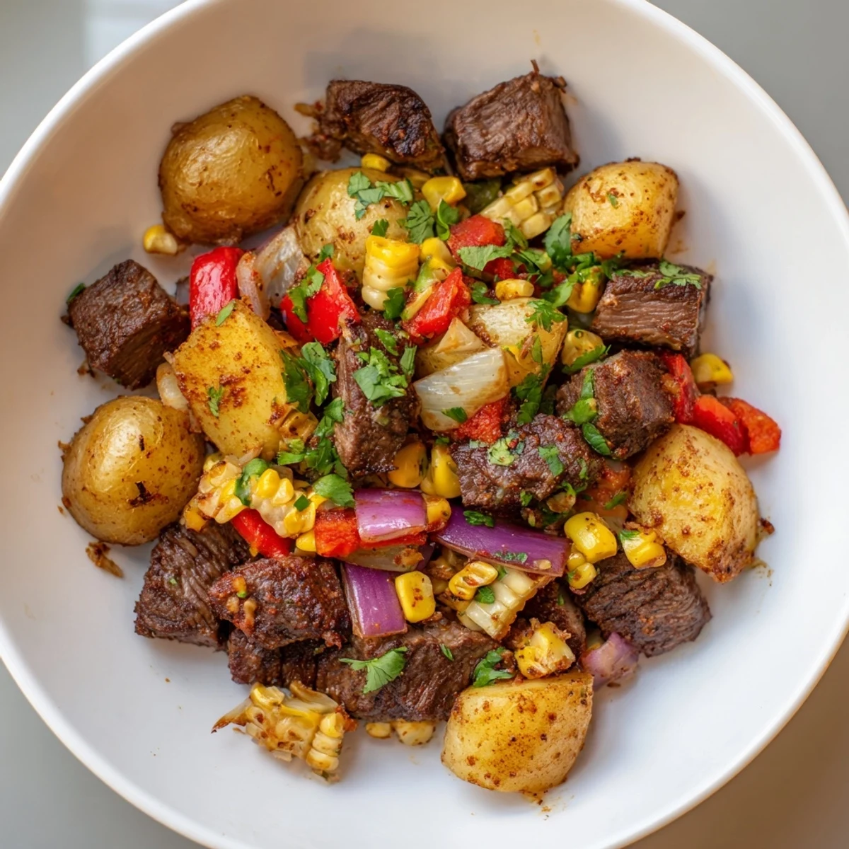 Sizzling skillet showcasing a delicious Southwestern Steak & Potato Skillet with vibrant bell peppers and corn.