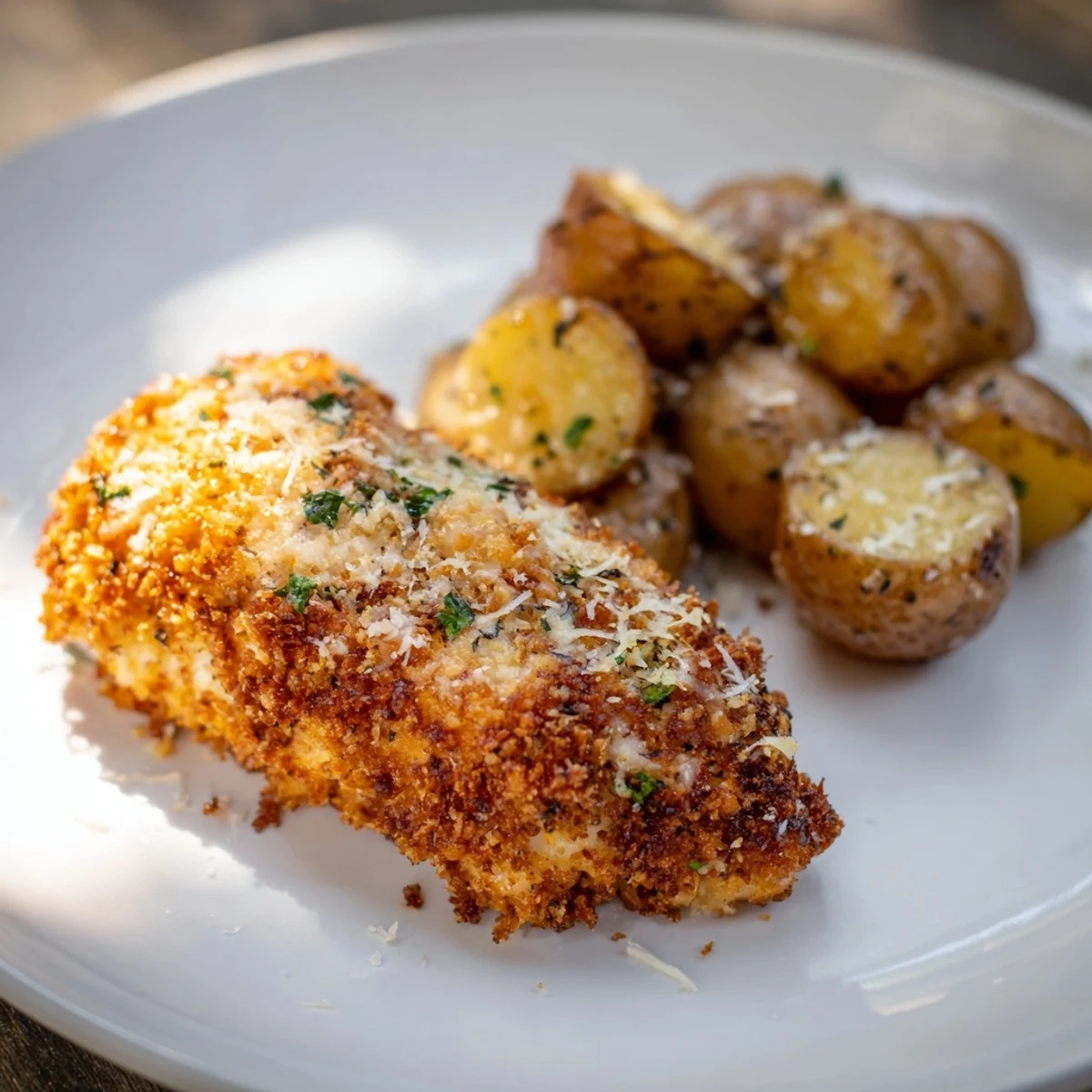 Golden, crispy Parmesan crusted chicken & potatoes, ready for a delicious dinner, with parsley garnish.