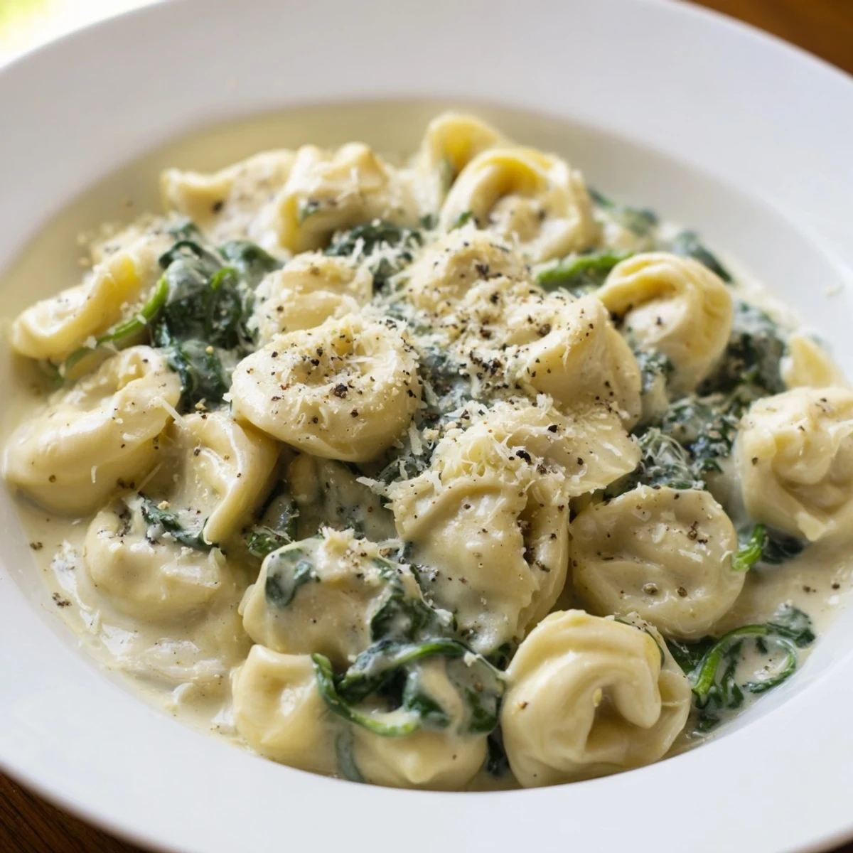 Creamy Spinach Alfredo Tortellini: a comforting bowl of pasta swimming in rich, creamy sauce and fresh spinach.