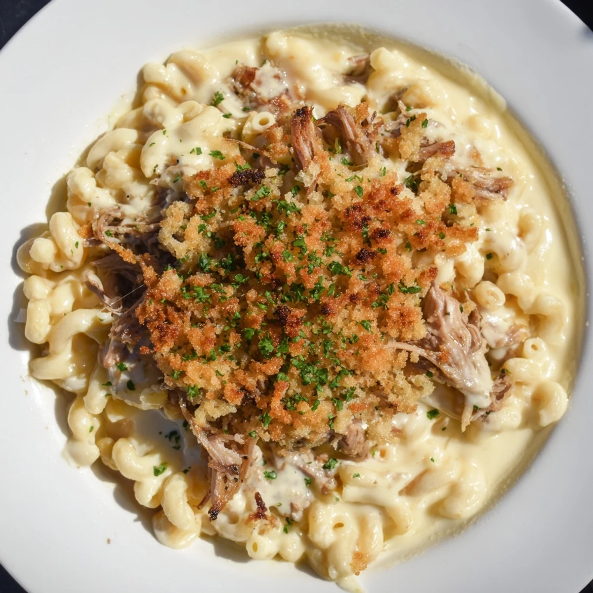 Golden-brown Barbecue Pulled Pork Mac and Cheese dish, bubbling hot with crispy breadcrumb topping.