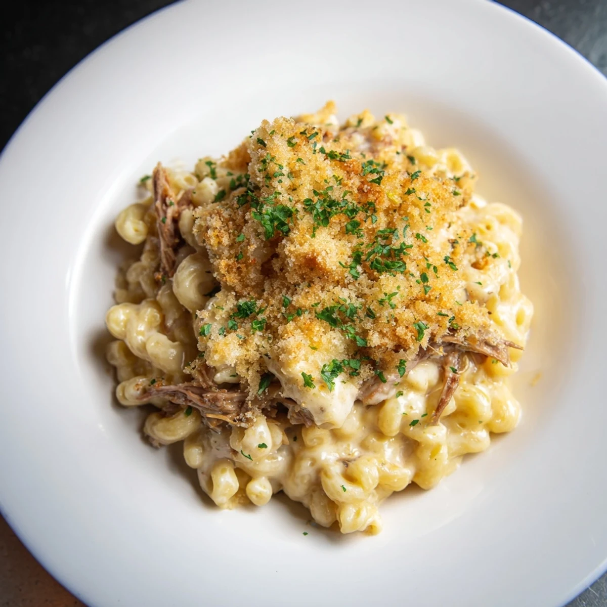 Homemade Barbecue Pulled Pork Mac and Cheese: a close-up shows the rich, smoky flavors with a crispy crust.