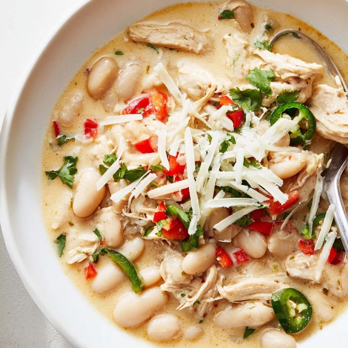 Rich, homemade Creamy White Chicken Chili with beans, perfect for a gluten-free and flavorful meal.