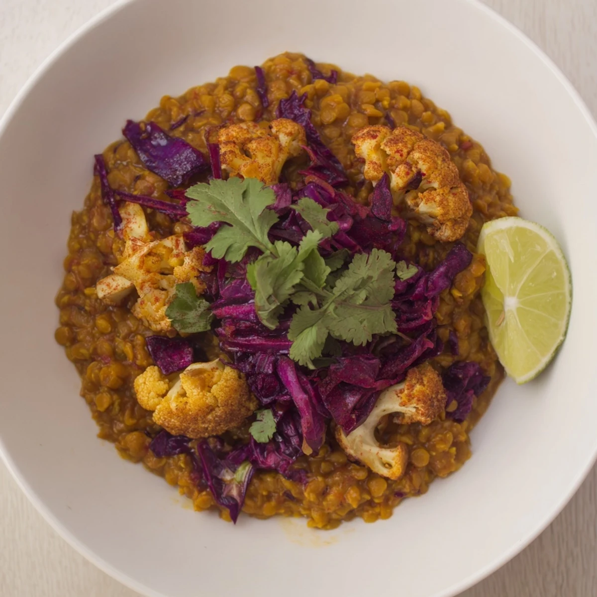 A steaming bowl of vibrant Red Cabbage, Cauliflower & Coconut Dhal, garnished with fresh cilantro.